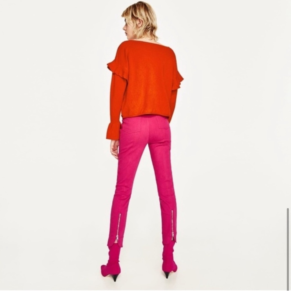 Zara Women’s Red Orange Bell Sleeves Ruffle Knit Long Sleeve Flounce Sweater - Picture 7 of 15